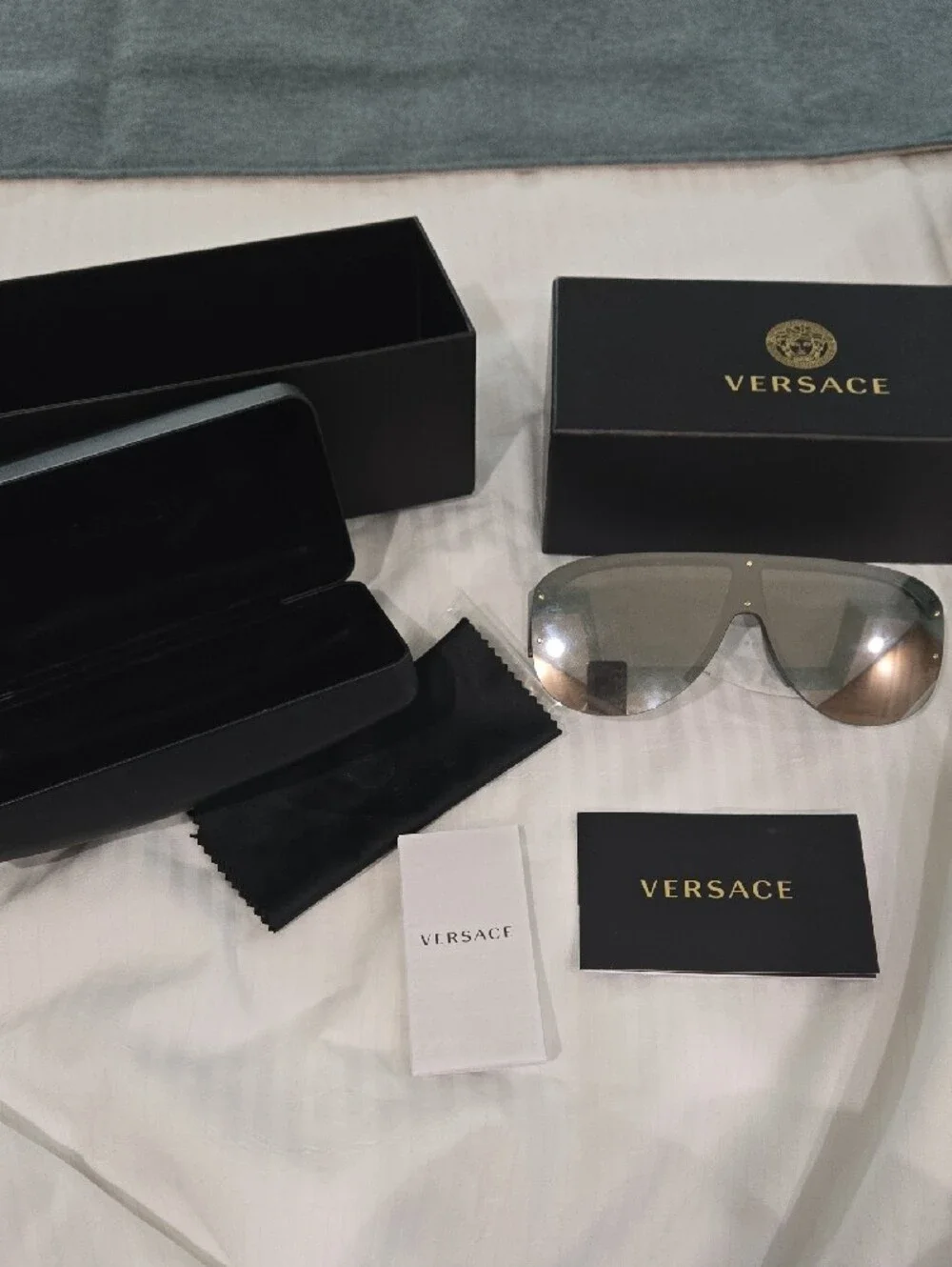 Authentic Versace Shield Sunglasses in Silver with Gold Rivet Accents STYLE:4391